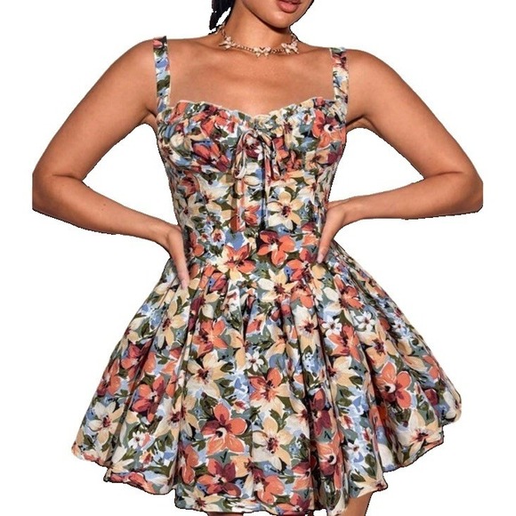 SHEIN Dresses & Skirts - Babydoll Floral Mini Sundress Sz L Sweetheart Neck Smocked From Tie Orange City